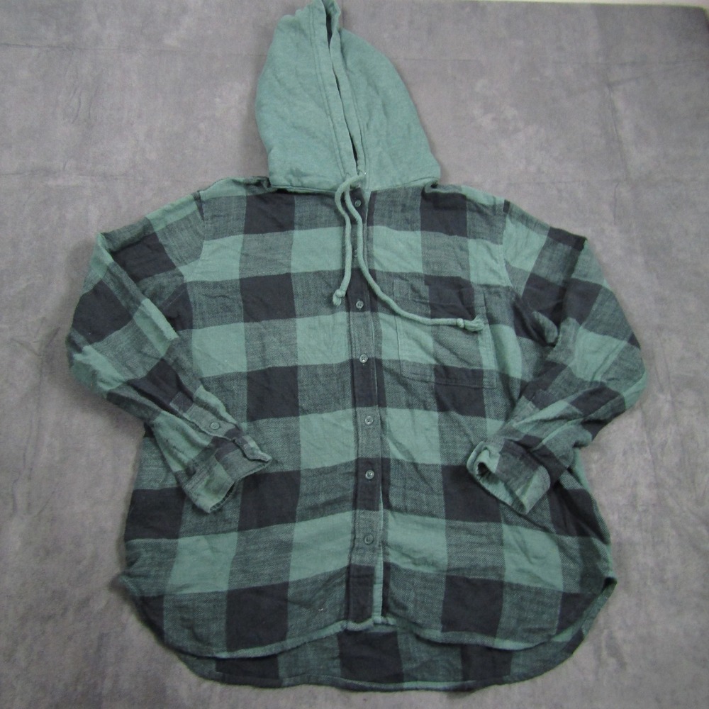 American Eagle Hooded Flannel Shirt Mens M Green Buffalo Plaid Button Up Y2K